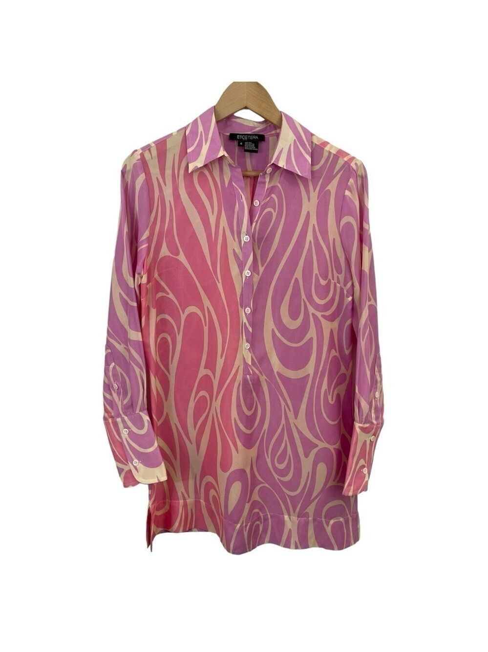 Etcetera Silk Blend Popover Tunic Womens Sz 4 Small Pink Swirl Top Blouse EUC